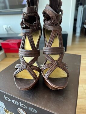 bebe Brown Braided Leather Strappy High Heel Sandals
